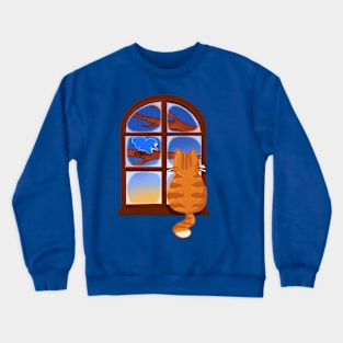 Ginger CAT with Blue bird in early morning Crewneck Sweatshirt